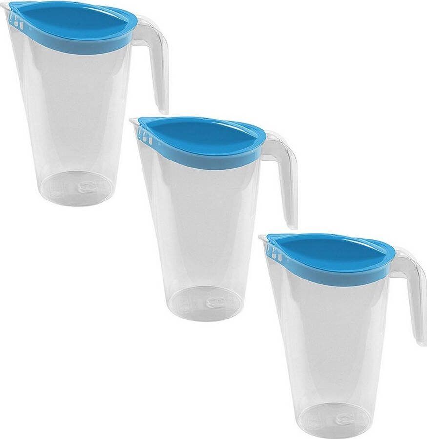 Hega hogar 3x Waterkannen sapkannen met blauwe deksel 1 75 liter 13 x 22 cm kunststof Compact formaat schenkkannen die in de koelkastdeur past Sapkannen waterkannen schenkkannen limonadekannen