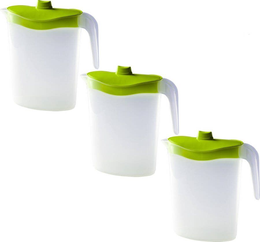 Hega hogar 3x Waterkannen sapkannen met groene deksel 1 5 liter 9 x 21 x 23 cm kunststof Compact formaat schenkkannen die in de koelkastdeur past Sapkannen waterkannen schenkkannen limonadekannen