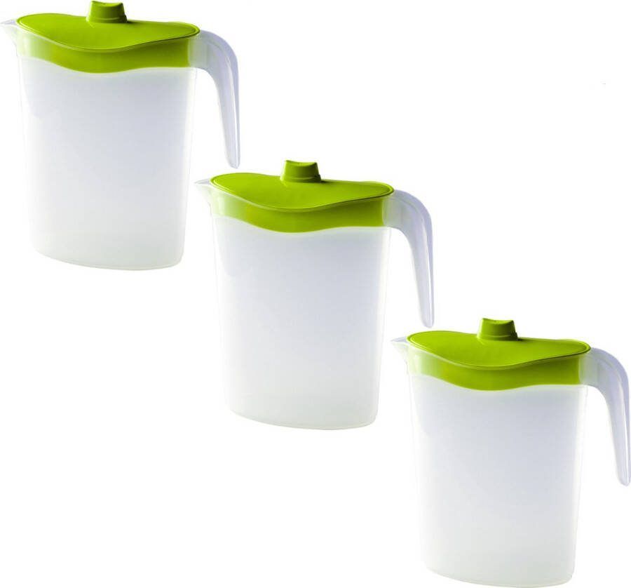 Hega hogar 3x Waterkannen sapkannen met groene deksel 2 5 liter 11 x 23 x 26 cm kunststof Sapkannen waterkannen schenkkannen limonadekannen