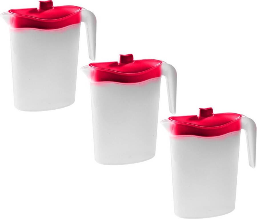Hega hogar 3x Waterkannen sapkannen met roze deksel 1 5 liter 9 x 21 x 23 cm kunststof Compact formaat schenkkannen die in de koelkastdeur past Sapkannen waterkannen schenkkannen limonadekannen