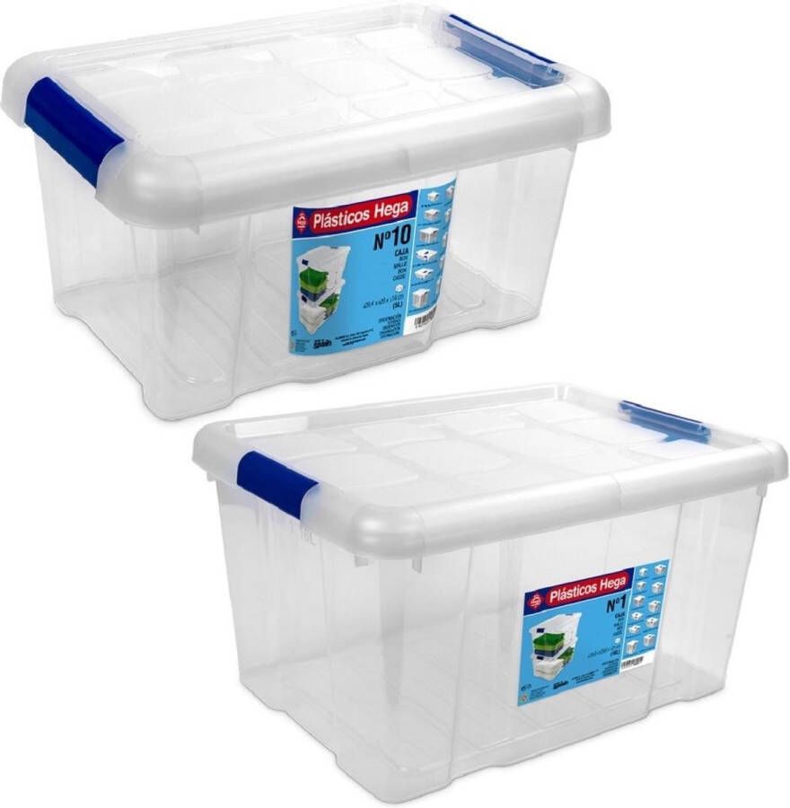 Hega hogar 4x Opbergboxen opbergdozen met deksel 5 en 16 ltr kunststof transparant blauw 29 x 20 x 15 en 39 x 29 5 x 21 5 cm Opbergbakken
