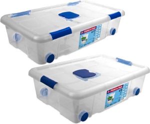 Hega hogar 4x Opbergboxen opbergdozen met deksel en wieltjes 30 en 31 liter kunststof transparant blauw Opbergbakken