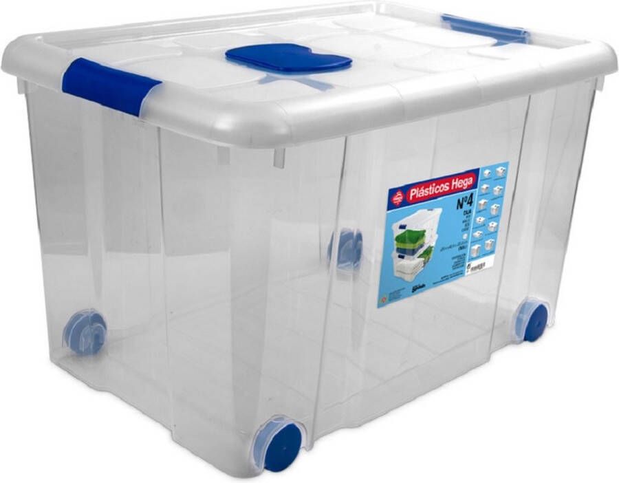 Hega hogar 4x Opbergboxen opbergdozen met deksel en wieltjes 55 liter kunststof transparant blauw 59 x 40 x 35 cm
