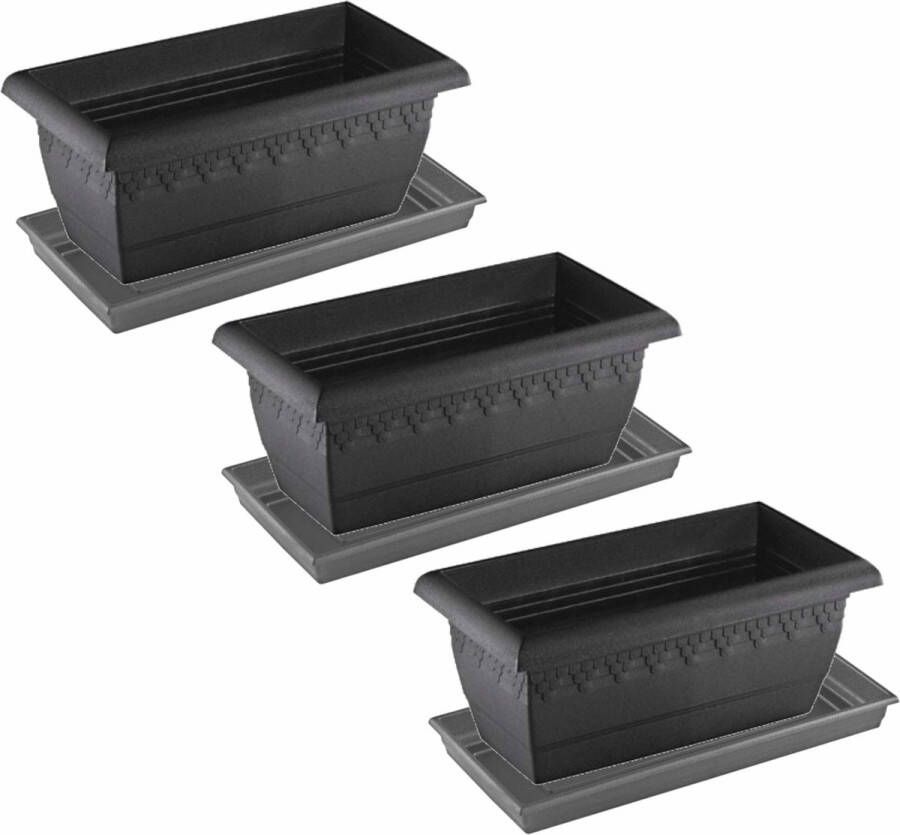 Hega hogar 4x stuks antraciet grijze plantenbakken bloembakken met onderschaal water opvang bord formaat 40 x 20 x 16 cm