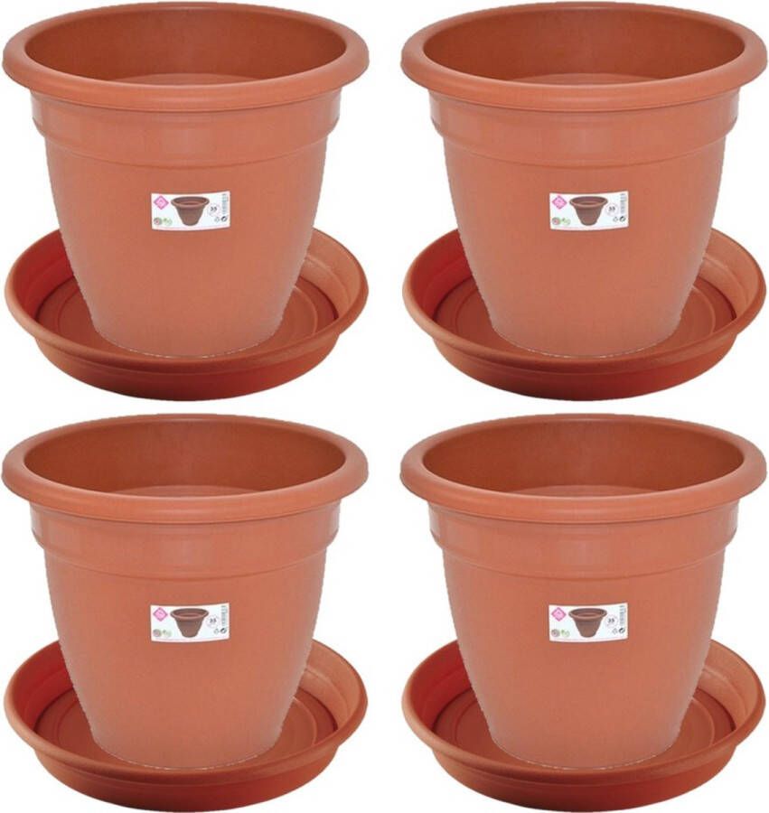 Hega hogar 4x stuks bloempotten met onder opvangschaal in kleur terra cotta rond diameter pot 35 cm Plantenpotten bakken