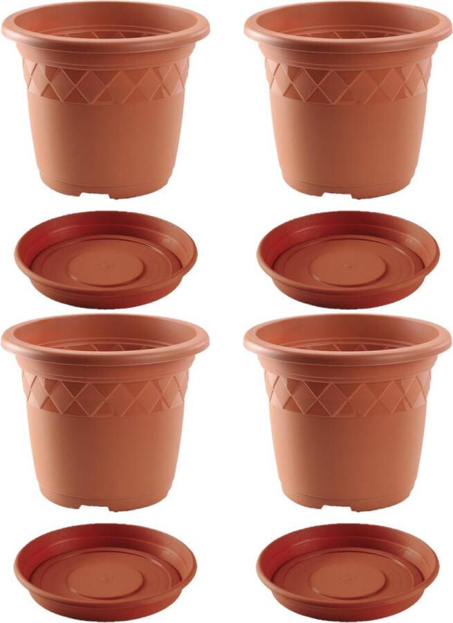 Hega hogar 4x stuks bloempotten met onder opvangschaal in kleur terra cotta rond diameter pot 29 cm Plantenpotten bakken