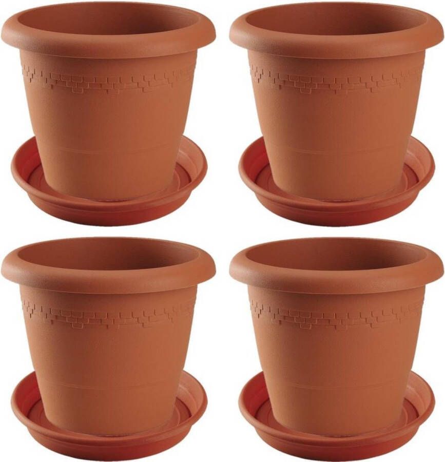 Hega hogar 4x stuks bloempotten met onder opvangschaal in kleur terra cotta rond diameter pot 30 cm Plantenpotten bakken