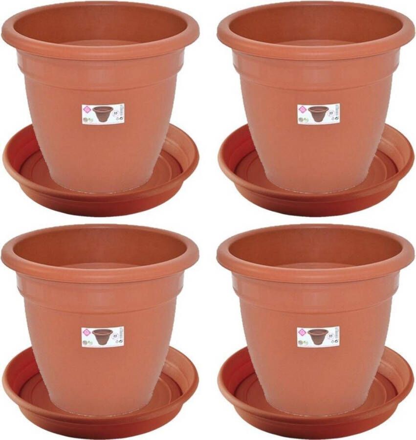 Hega hogar 4x stuks bloempotten met onder opvangschaal in kleur terra cotta rond diameter pot 35 cm Plantenpotten bakken