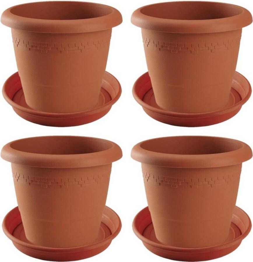 Hega hogar 4x stuks bloempotten met onder opvangschaal in kleur terra cotta rond diameter pot 40 cm Plantenpotten bakken