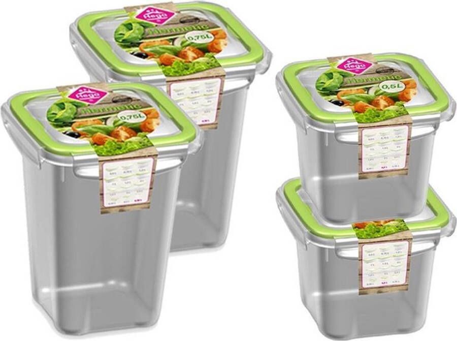 Hega hogar 4x Voorraad vershoudbakjes 0 5 en 0 75 liter transparant groen plastic kunststof Kiev Luchtdicht hermetisch afgesloten vershouddoos bakje Mealprep Maaltijden bewaren