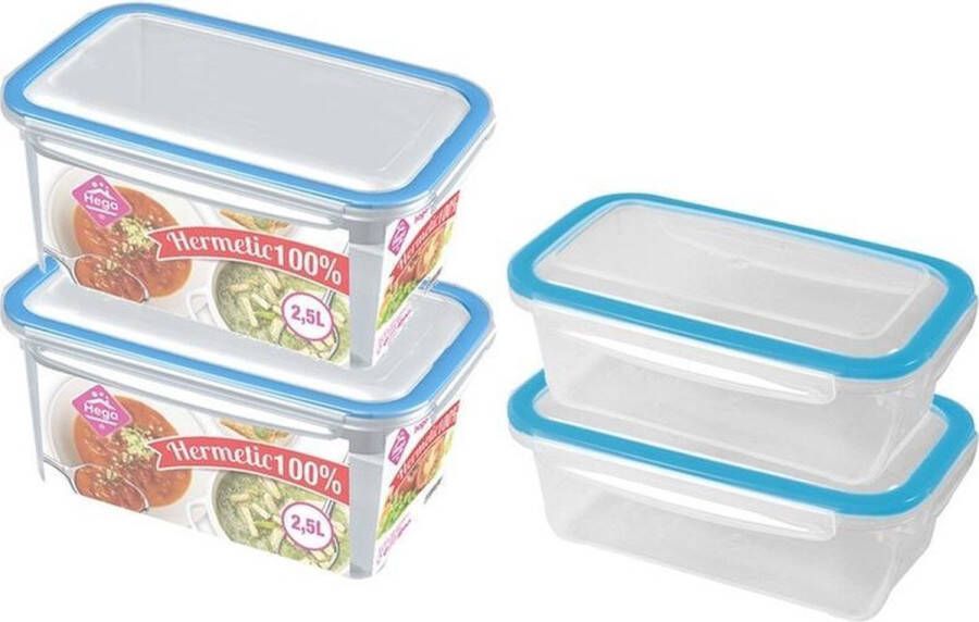 Hega hogar 4x Voorraad vershoudbakjes 0 75 en 2 5 liter transparant blauw plastic kunststof Kiev Luchtdicht hermetisch afgesloten vershouddoos bakje Mealprep Maaltijden bewaren