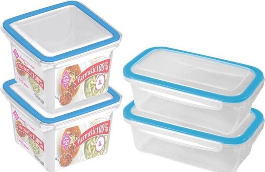 Hega hogar 4x Voorraad vershoudbakjes 0 75 en 2 liter transparant blauw plastic kunststof Kiev Luchtdicht hermetisch afgesloten vershouddoos bakje Mealprep Maaltijden bewaren