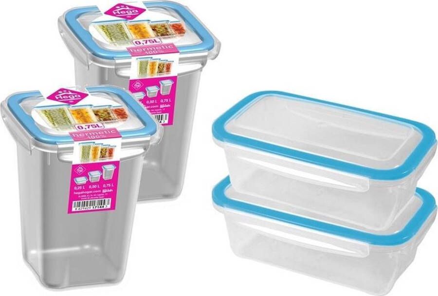 Hega hogar 4x Voorraad vershoudbakjes 0 75 liter transparant blauw plastic kunststof Kiev Luchtdicht hermetisch afgesloten vershouddoos bakje Mealprep Maaltijden bewaren