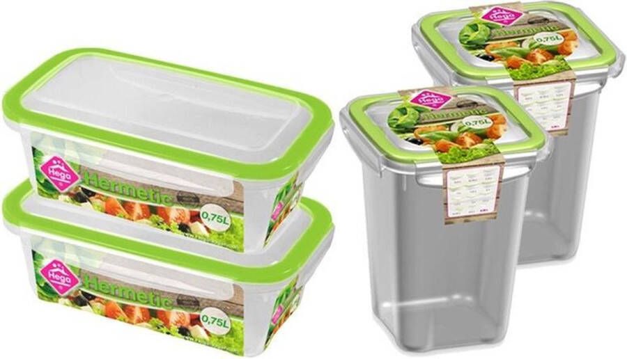 Hega hogar 4x Voorraad vershoudbakjes 0 75 liter transparant groen plastic kunststof Kiev Luchtdicht hermetisch afgesloten vershouddoos bakje Mealprep Maaltijden bewaren