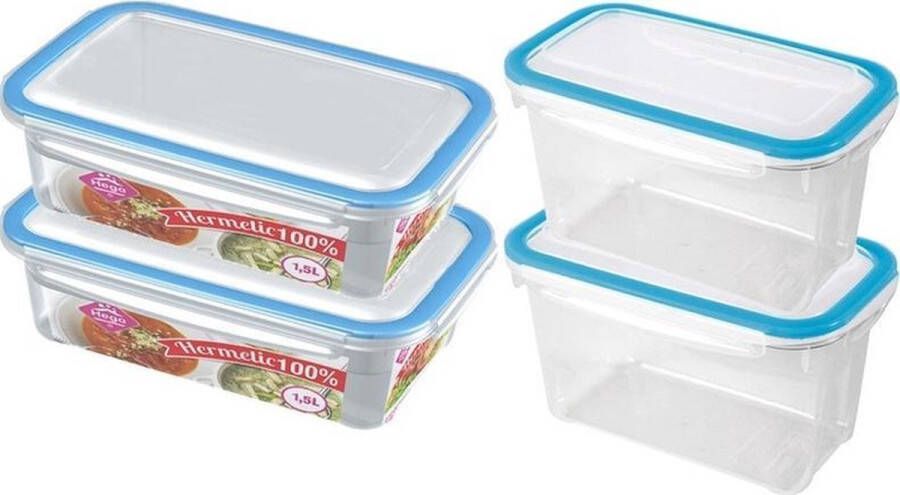 Hega hogar 4x Voorraad vershoudbakjes 1 2 en 1 5 liter transparant blauw plastic kunststof Kiev Luchtdicht hermetisch afgesloten vershouddoos bakje Mealprep Maaltijden bewaren