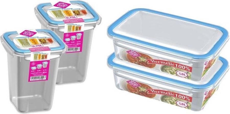 Hega hogar 4x Voorraad vershoudbakjes 1 5 en 0 75 liter transparant blauw plastic kunststof Kiev Luchtdicht hermetisch afgesloten vershouddoos bakje Mealprep Maaltijden bewaren