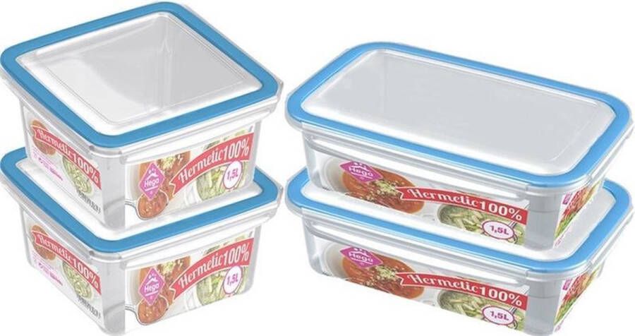 Hega hogar 4x Voorraad vershoudbakjes 1 5 liter transparant blauw plastic kunststof Kiev Luchtdicht hermetisch afgesloten vershouddoos bakje Mealprep Maaltijden bewaren