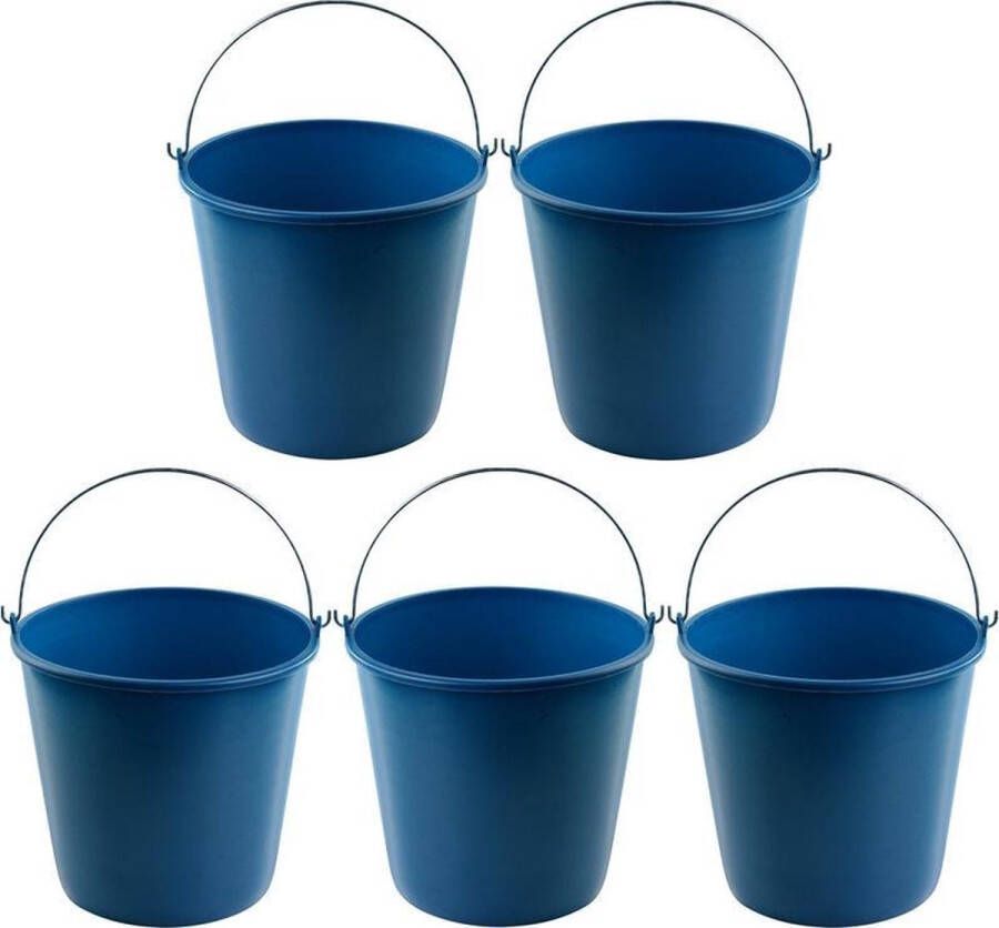 Hega hogar 5x Blauwe schoonmaakemmers huishoudemmers 16 liter 32 x 28 cm Agri emmers Kunststof plastic emmer sopemmer met metalen hengsel handvat