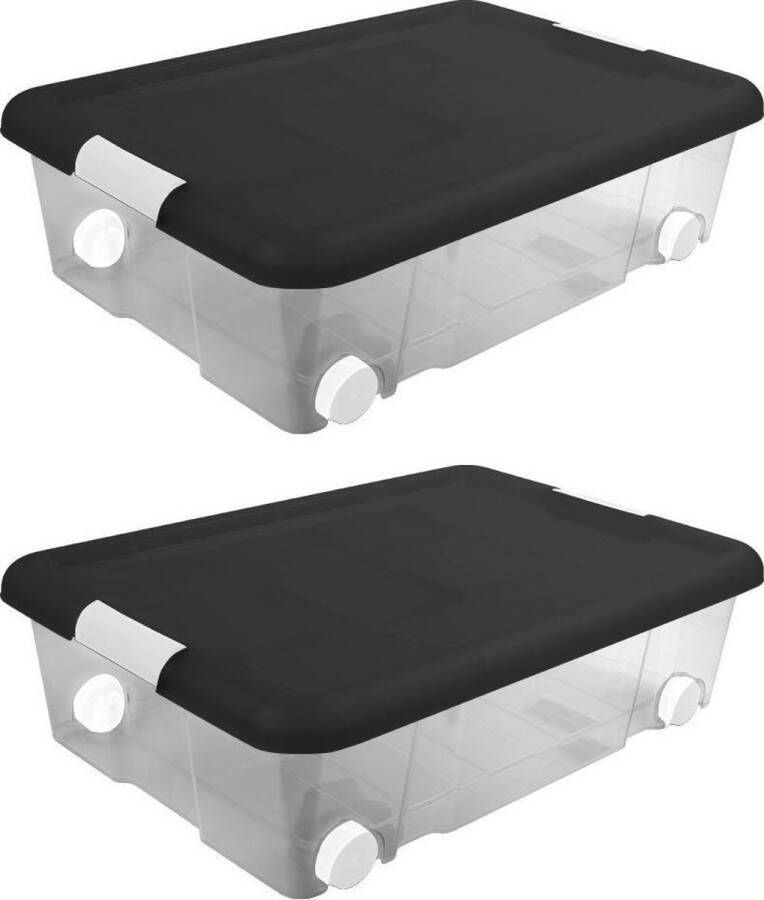 Hega hogar 6x Stuks opberg boxen opbergdozen met wielen 31 liter 61 x 44 x 17 cm kunststof Opslagboxen Opbergbakken kunststof transparant zwart
