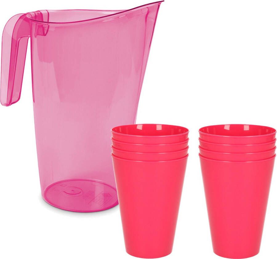 Hega hogar 8x kunststof drinkbekers 430 ML met schenkkan set roze van 1.75 liter Indoor outdoor