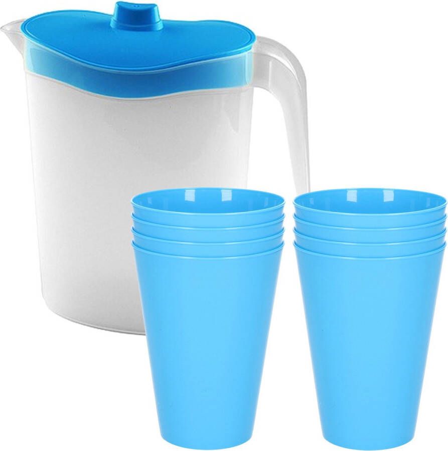 Hega hogar 8x kunststof drinkbekers 430 ML met schenkkan set transparant blauw van 2.5 liter Verjaardag camping tuin