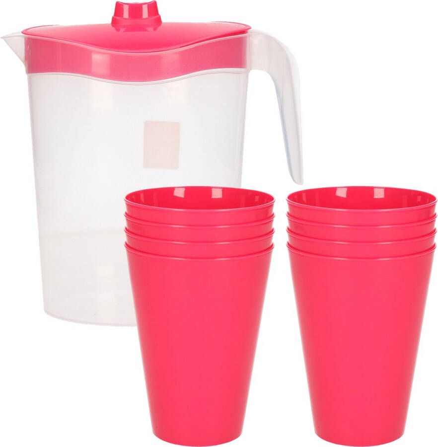Hega hogar 8x kunststof drinkbekers 430 ML met schenkkan set transparant roze van 2.5 liter Verjaardag camping tuin