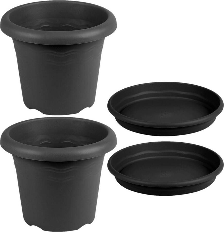 Hega hogar 8x stuks ronde plantenpotten antraciet grijs met opvangschaal met diameter 14 cm Kunststof Buiten gebruik