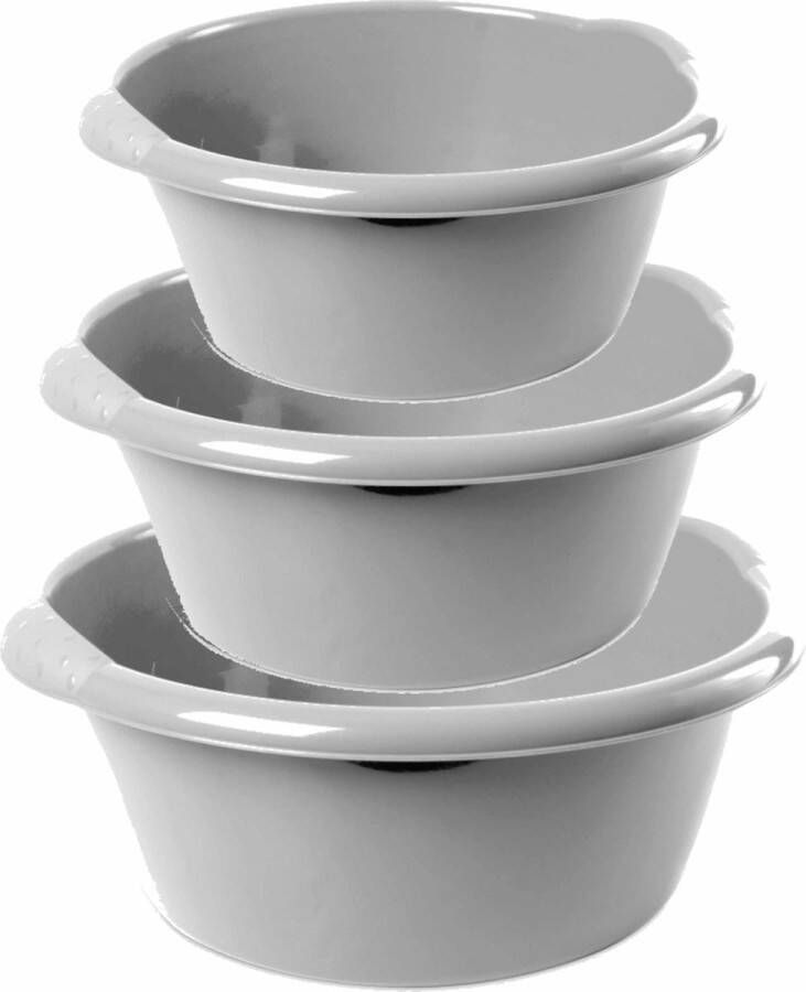 Hega hogar Combi set van 3x stuks ronde afwasteiltjes afwasbakken in het zilver 3 6 en15 liter Kunststof Schoonmaak huishouden