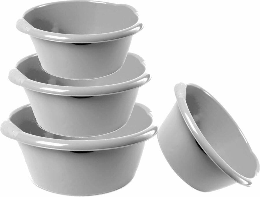 Hega hogar Combi set van 4x stuks ronde afwasteiltjes afwasbakken in het zilver 3 6 10 en 15 liter Kunststof Schoonmaak huishouden