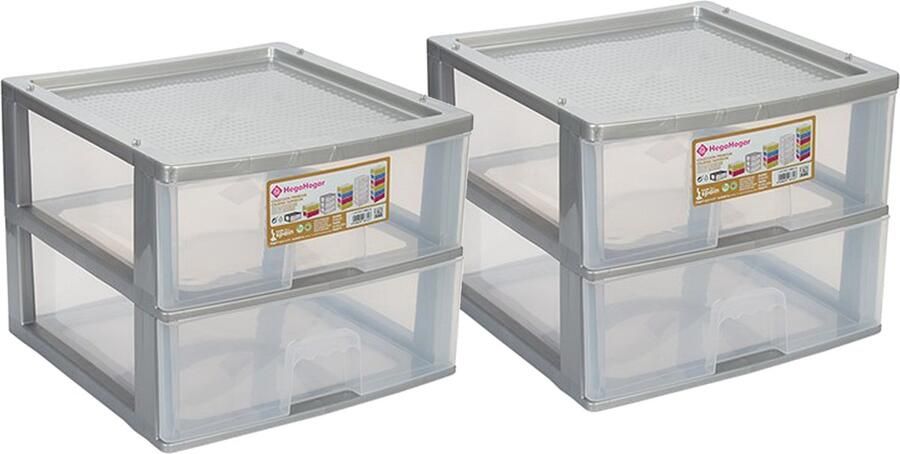 Hega hogar Ladeblokje bureau organizer 2x lade grijs transparant L38 x B38 x H30 cm kunststof