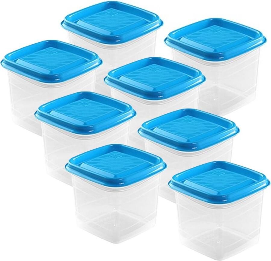 Hega hogar Vershoudbakjes set 8x stuks 0.7 liter transparant blauw L11 x B11 x H12 cm Mealprep Maaltijden bewaren