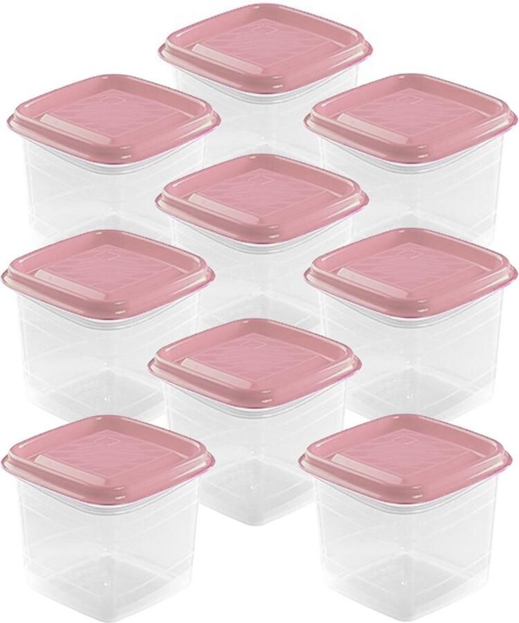 Hega hogar Vershoudbakjes set 9x stuks 0.3 liter transparant roze L8 x B8 x H11 cm Mealprep Maaltijden bewaren