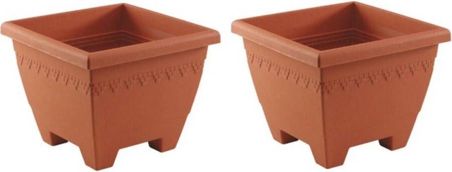 Hega hogar Set van 2x stuks terracotta vierkante plantenpotten bloempotten Lima 35 cm kunststof Bloempotten plantenpotten voor binnen buiten