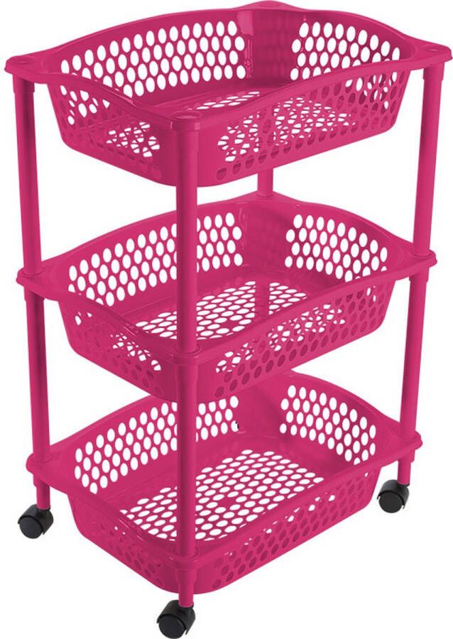 Hega hogar Keuken kamer opberg trolleys roltafels met 3 manden 62 x 41 cm fuchsia roze Etagewagentje met opbergkratten