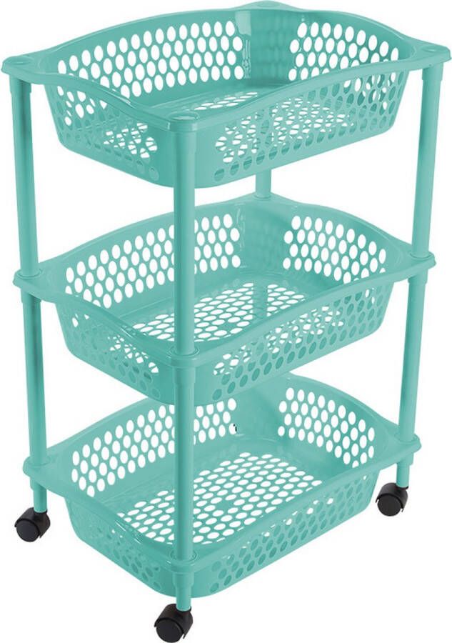 Hega hogar Keuken kamer opberg trolleys roltafels met 3 manden 62 x 41 cm turquoise blauw Etagewagentje met opbergkratten