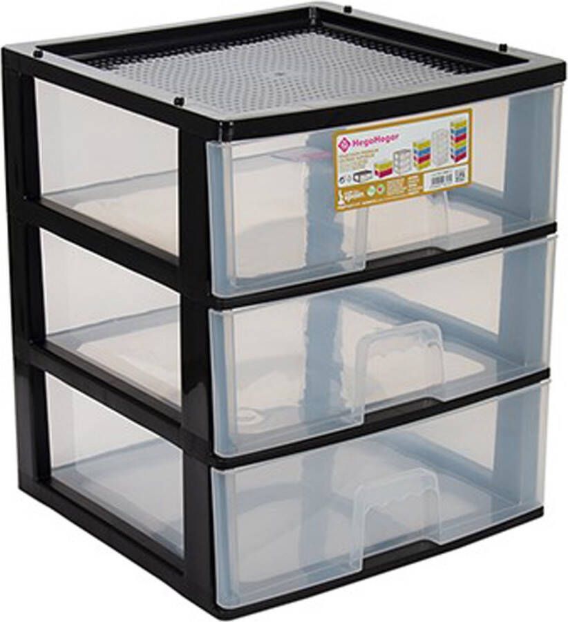 Hega hogar Ladeblokje bureau organizer 3x lade zwart transparant L38 x B38 x H44 cm kunststof ladekastje