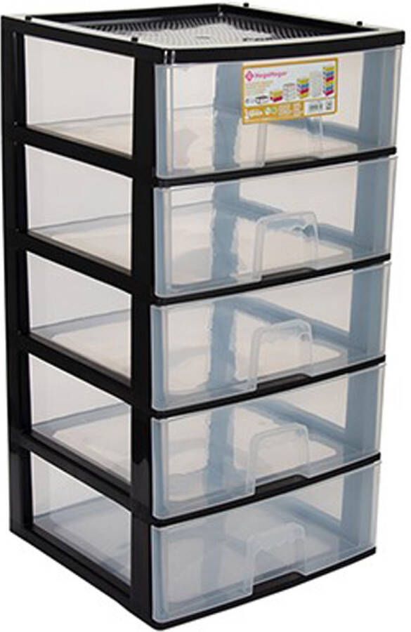 Hega hogar Ladeblokje bureau organizer 5x lade zwart transparant L38 x B38 x H72 cm kunststof ladekastje