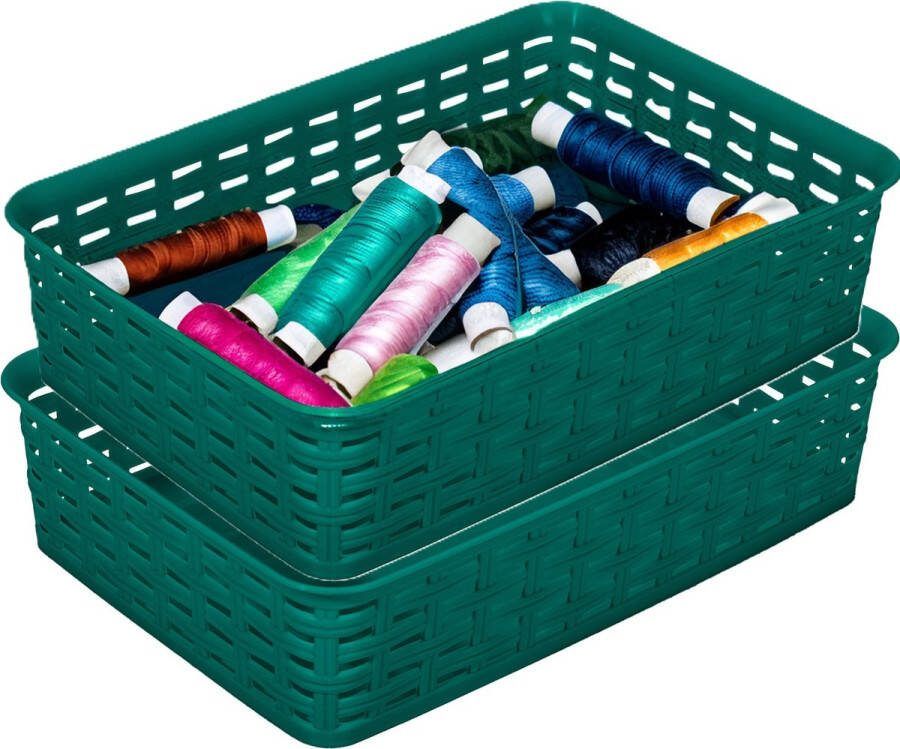 Hega hogar Opbergmandje ladeverdeler 2x donkergroen 2 liter kunststof 17 x 25 x 6 cm kleine opslag bakjes manden