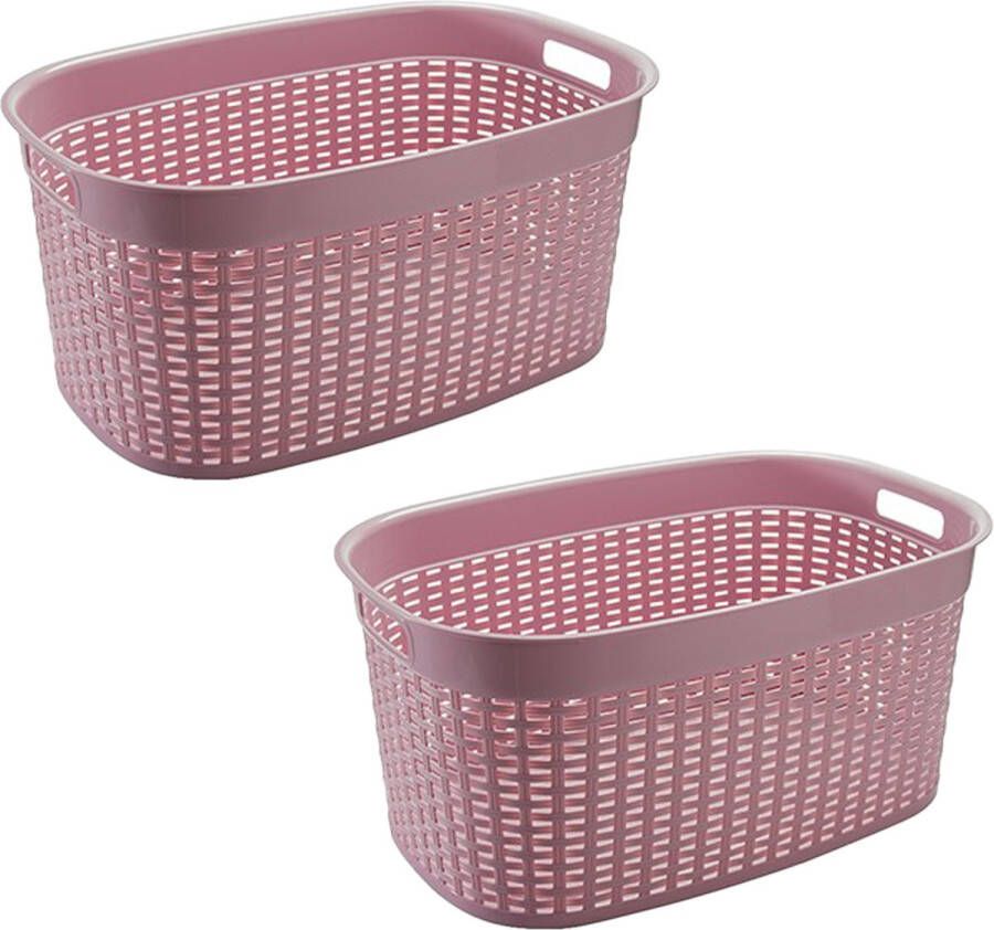 Hega Hogar Rotan line wasmand 2x roze inhoud 44 liter kunststof 58 x 39 x 27 cm Wasmanden