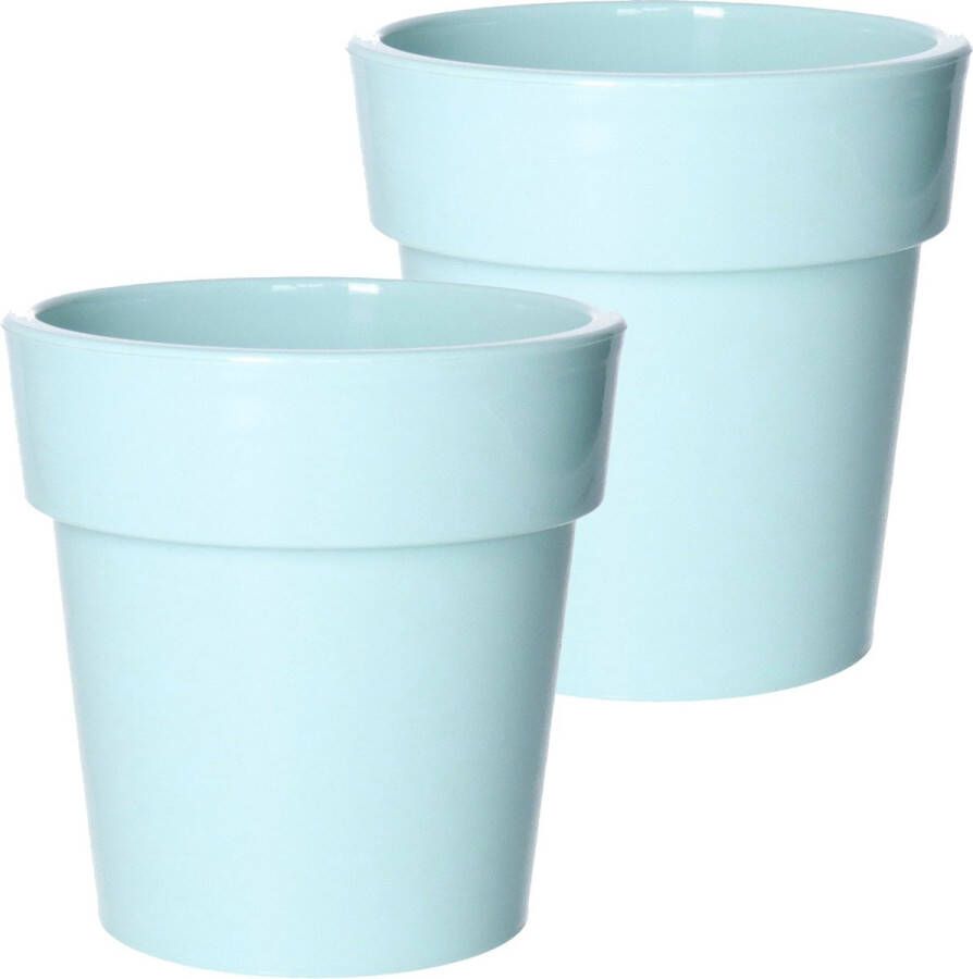 Hega hogar Set van 2x stuks basic plantenpotten bloempotten kunststof dia 15 cm hoogte 15 cm pastel groen voor binnen buiten