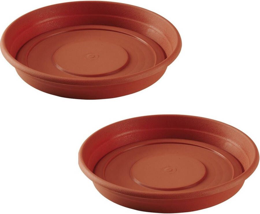 Hega hogar Set van 2x stuks bloempot plantenpot terra cotta kleur onderschaal opvangbord kunststof diameter 35 cm. Voor een pot met diameter 40 cm