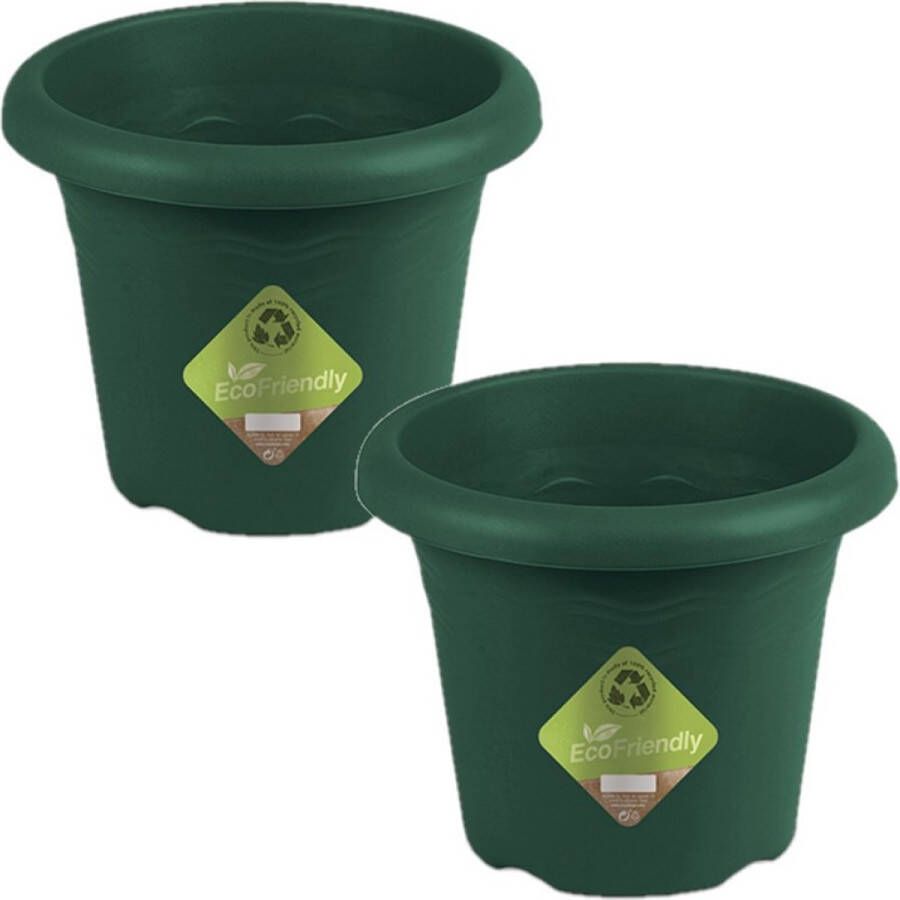 Hega hogar Set van 2x stuks donkergroene ronde plantenpotten bloempotten kunststof D 26 x H 21 cm Plantenbakken bloembakken voor buiten