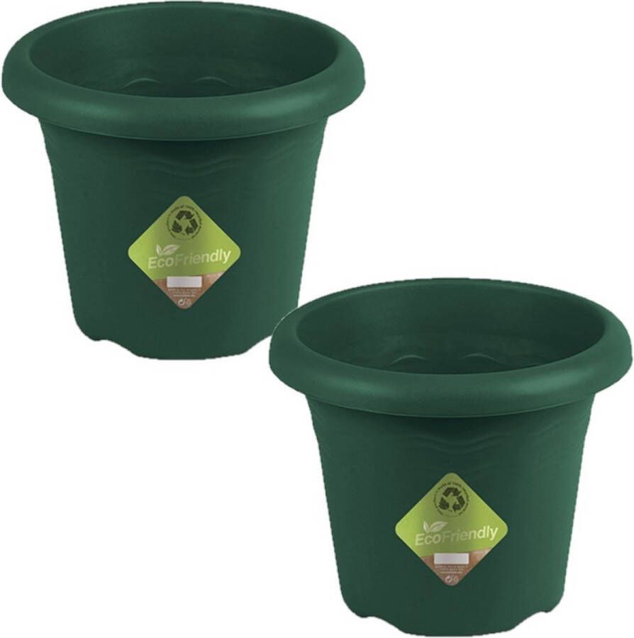 Hega hogar Set van 2x stuks donkergroene ronde plantenpotten bloempotten kunststof D 30 x H 23.5 cm Plantenbakken bloembakken voor buiten