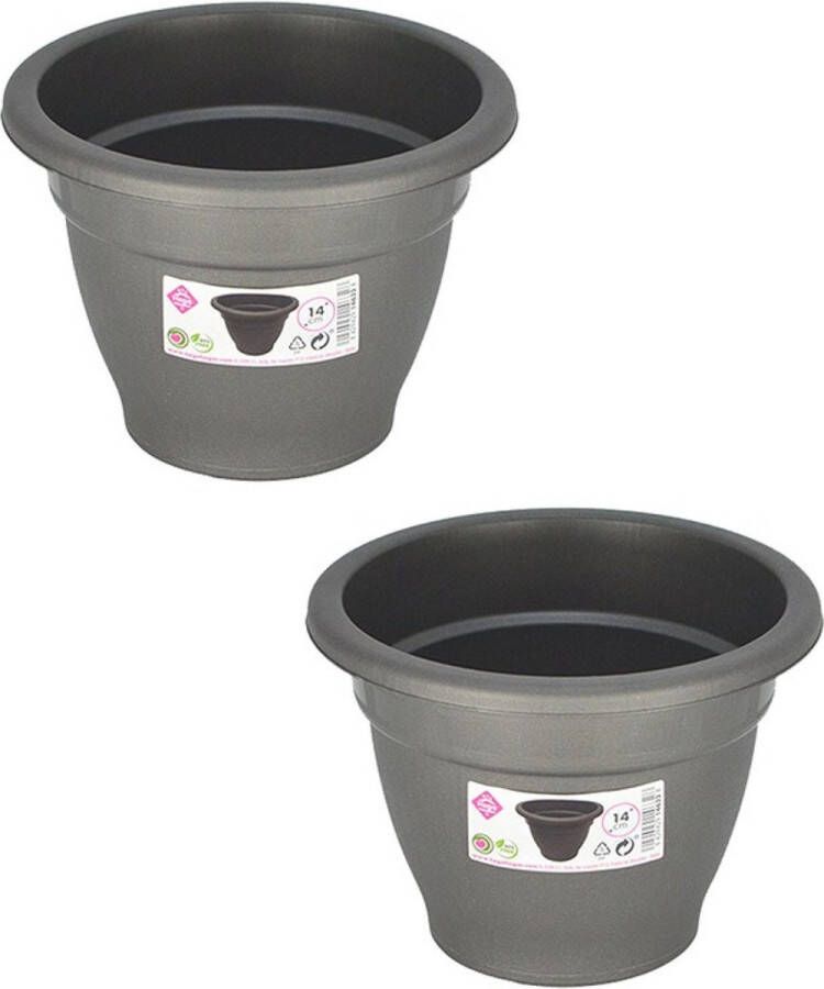 Hega hogar Set van 2x stuks grijze ronde plantenpot bloempot kunststof diameter 14 cm Plantenbakken bloembakken voor buiten