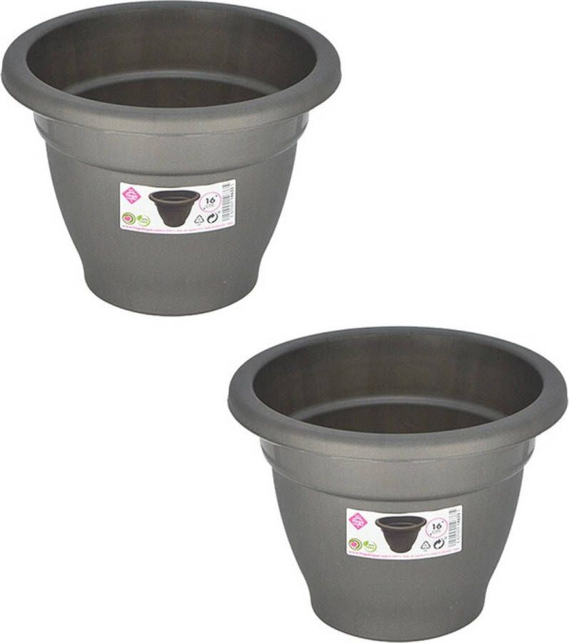 Hega hogar Set van 2x stuks grijze ronde plantenpot bloempot kunststof diameter 16 cm Plantenbakken bloembakken voor buiten