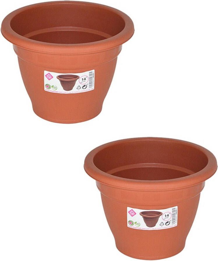 Hega hogar Set van 2x stuks terra cotta kleur ronde plantenpot bloempot kunststof diameter 14 cm Plantenbakken bloembakken voor buiten