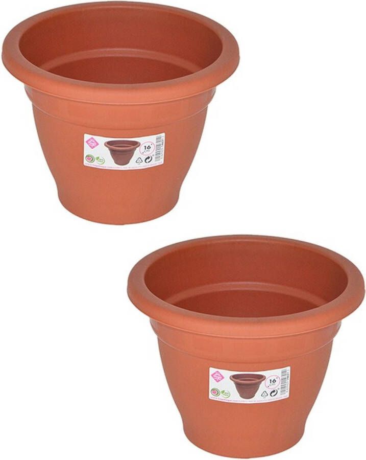 Hega hogar Set van 2x stuks terra cotta kleur ronde plantenpot bloempot kunststof diameter 16 cm Plantenbakken bloembakken voor buiten