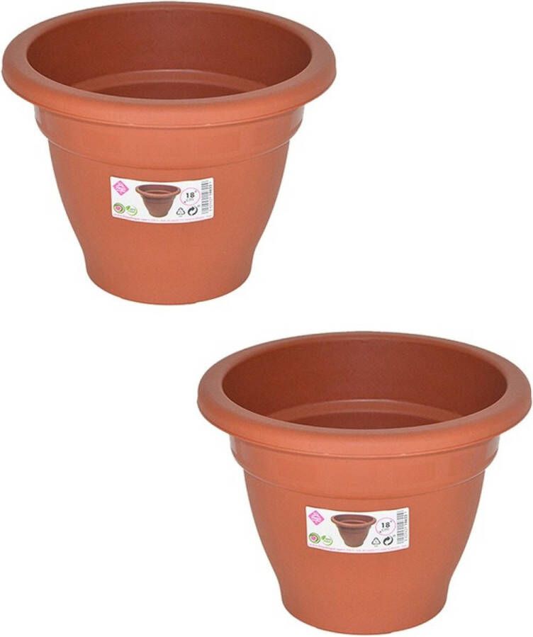 Hega hogar Set van 2x stuks terra cotta kleur ronde plantenpot bloempot kunststof diameter 18 cm Plantenbakken bloembakken voor buiten