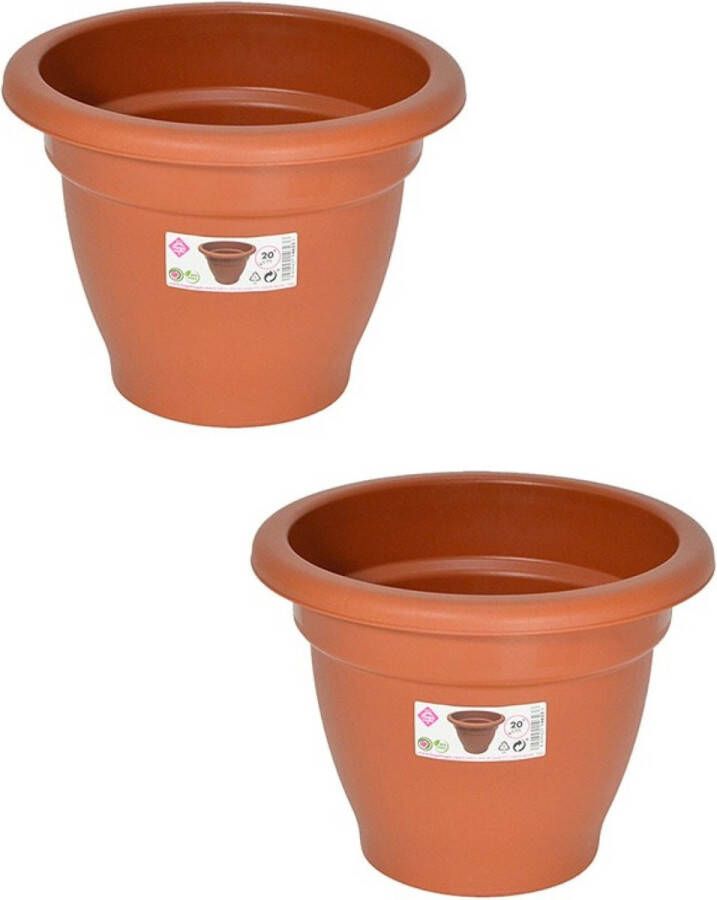 Hega hogar Set van 2x stuks terra cotta kleur ronde plantenpot bloempot kunststof diameter 20 cm Plantenbakken bloembakken voor buiten
