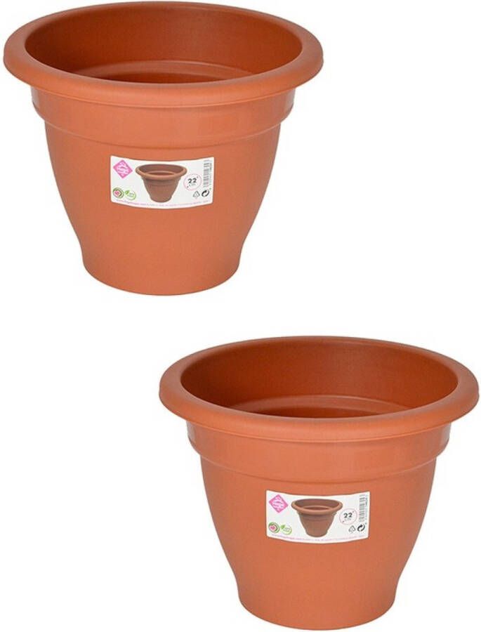 Hega hogar Set van 2x stuks terra cotta kleur ronde plantenpot bloempot kunststof diameter 22 cm Plantenbakken bloembakken voor buiten